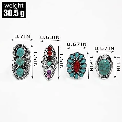Vista 6 de Navoky Anillo de chakras, bohemio, vintage, de plata, tallado, nudillo, turquesa, piedra curativa, joyería de mano para mujeres y niñas
