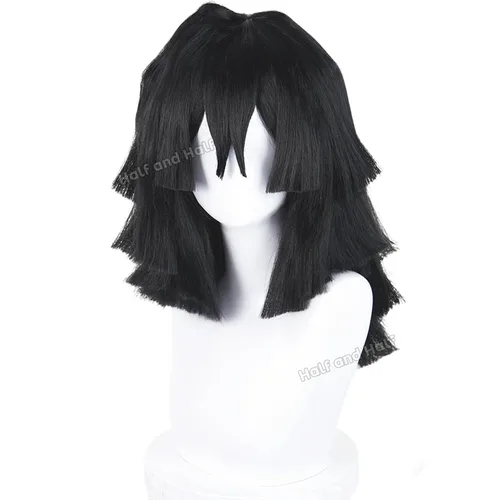 Vista 6 de Obanai - Peluca corta para cosplay, pelucas de guerrero anime de demonio Negro Obanai