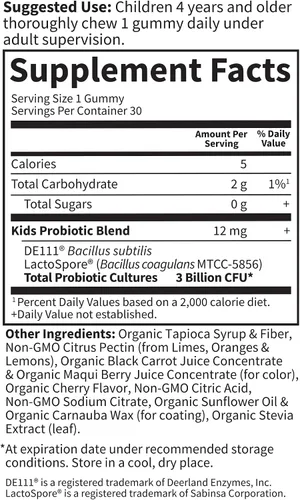 Vista 5 de Garden of Life Gomitas probióticas para niños, 3 mil millones de UFC, sabor a cereza, probióticos una vez al día sin azúcar para niños, probióticos