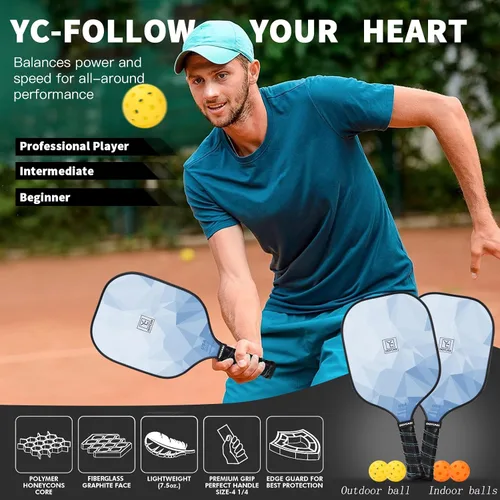 Vista 4 de YC DGYCASI Juego de 2 palas de pickleball aprobadas por USAPA 2026, raquetas ligeras de fibra de vidrio para pickleball, paquete de 2, 2 pelotas