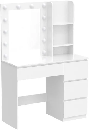 Vista 4 de Vabches Tocador de maquillaje con luces, escritorio de tocador de 37 pulgadas, cómoda de 4 cajones grandes con espejo iluminado, 3 modos de Blanco