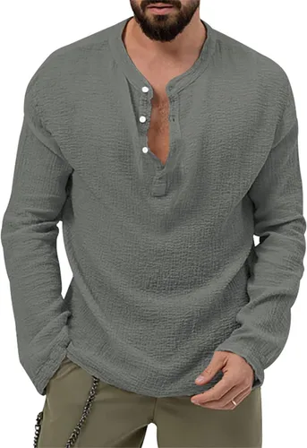 Vista 7 de Camisa Henley con botones para hombre, cuello redondo, ligera, de manga larga, casual, holgada, transpirable, a la moda