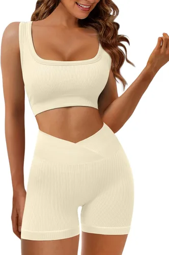 Vista 3 de JZC Conjuntos de entrenamiento para mujer, 2 piezas, acanalados, sin costuras, pantalones cortos de cintura alta, trajes de yoga