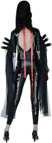 Vista 3 de miccostumes Disfraz de bruja para mujer, disfraz de Halloween con guantes y diadema