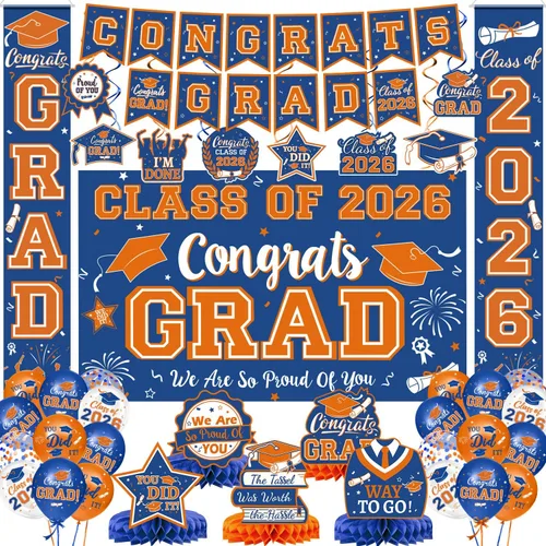 Vista 10 de Decoraciones de graduación 2026, juego de decoraciones de graduación rojo y negro con pancarta y telón de fondo de felicitaciones, letrero