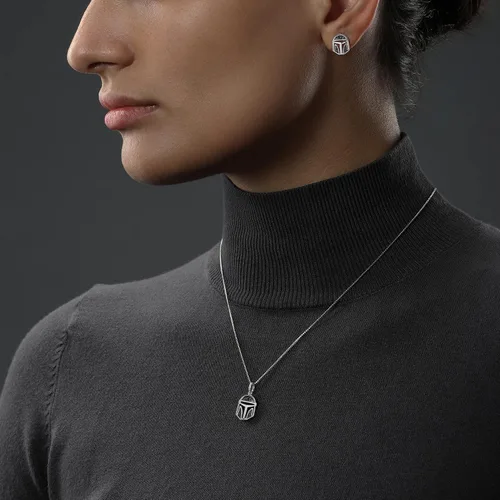 Vista 7 de Star Wars Fine Jewelry The Mandalorian - Juego de collar y aretes para casco en plata de ley y rodio negro con diamantes negros de 110 CT.TW, Metal