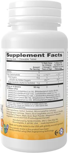Vista 2 de NOW Foods Suplementos, BerryDophilus con 2 mil millones, 10 cepas probióticas, endulzado con xilitol, cepa verificada, 60 masticables, el embalaje