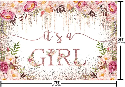 Vista 5 de Sendy Telón de fondo de baby shower de oro rosa de 7 x 5 pies para niñas, con texto en inglés "It's a Girl", fondo de fotografía para baby shower