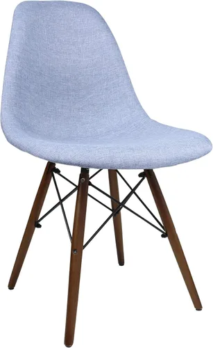 Vista 3 de Mid-Century - Silla de comedor lateral tapizada de tela tejida moderna con patas Eiffel de madera de nogal oscuro, juego de 2 (azul dinim)