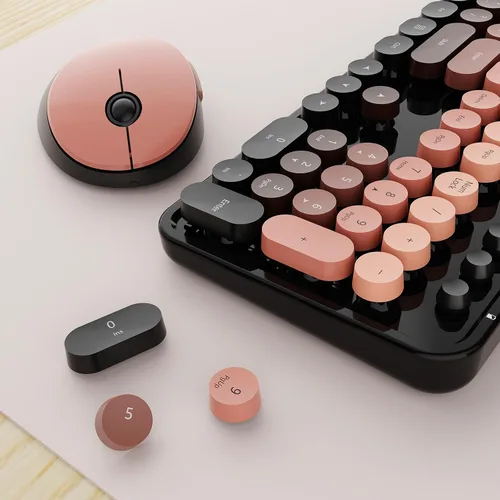 Vista 9 de Combo de teclado y mouse inalámbricos Nowlike, teclado retro de máquina de escribir con teclas redondas, ergonómico de tamaño completo, rojo aurora