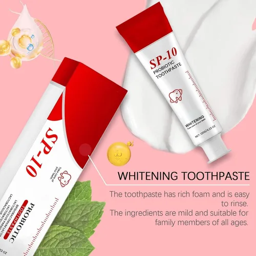 Vista 4 de Pasta de dientes probiótica SP10 de 2 piezas, pasta de dientes blanqueadora, fórmula de aliento fresco, eliminación de manchas, cuidado de limpieza