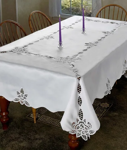 Vista 2 de Violet Linen Betenburg Mantel con diseño de encaje, blanco, 70 pulgadas, redondo