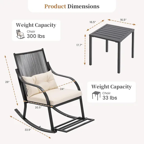 Vista 5 de COSIEST Juego de 3 sillas mecedoras para exteriores, muebles de patio de ratán para todo tipo de clima con 2 sillas, mesa de centro y cojines