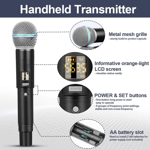 Vista 4 de Depusheng R4 - Micrófonos inalámbricos para karaoke profesional, 4 canales, sistema de micrófono inalámbrico de mano, micrófono dinámico de metal