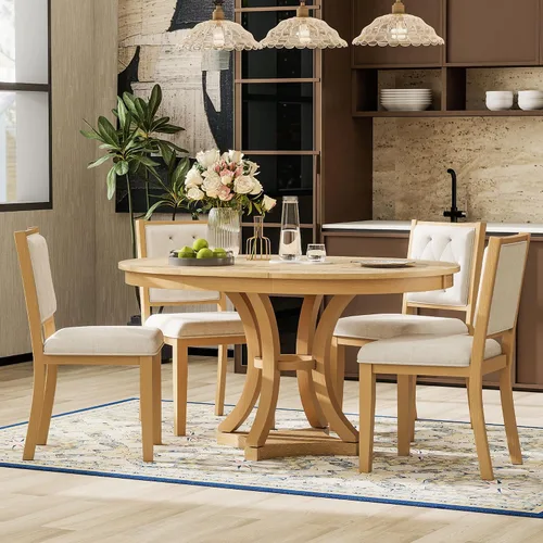 Vista 32 de VilroCaz Juego de comedor funcional retro de 5 piezas, mesa de comedor extensible de madera maciza con una hoja de 16 pulgadas y 4 sillas tapizadas