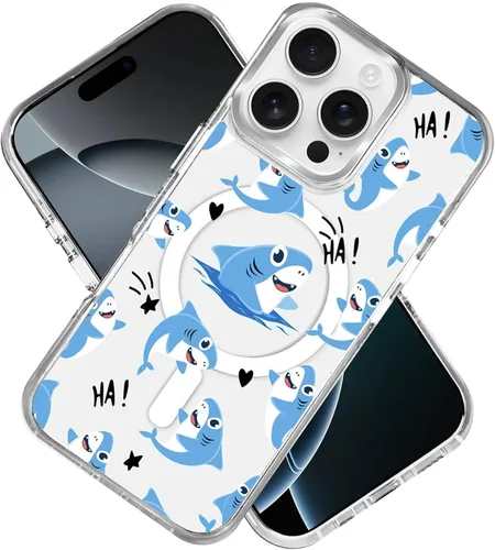 Vista 3 de Funda para iPhone 13 Pro, transparente con bonito patrón de tiburón azul, compatible con Magsafe funda protectora suave para mujeres y niñas (blanco)