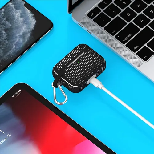 Vista 6 de TalkWorks Funda para AirPods Pro con llavero – Funda protectora de silicona dura para AirPods, llavero con clip, mosquetón de carga inalámbrica Negro