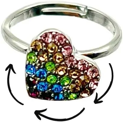 Vista 2 de Mavi Bandz Anillo ajustable de plata con diamantes de imitación arcoíris corazón Fidget anti estrés ansiedad anillo, Acero inoxidable, plata