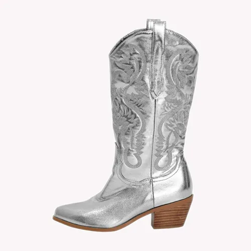 Vista 2 de MissHeel Botas vaqueras de media pantorrilla con tacón grueso bordado en plata rosa