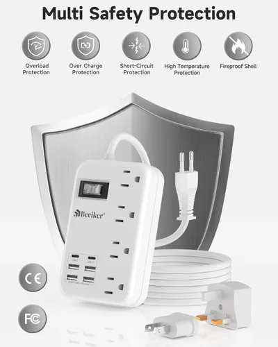 Vista 8 de Adaptador de enchufe de viaje europeo, regleta de corriente de EE. UU. a Europa con 6 USB (2 USB C) 4 tomas de corriente, adaptador de corriente