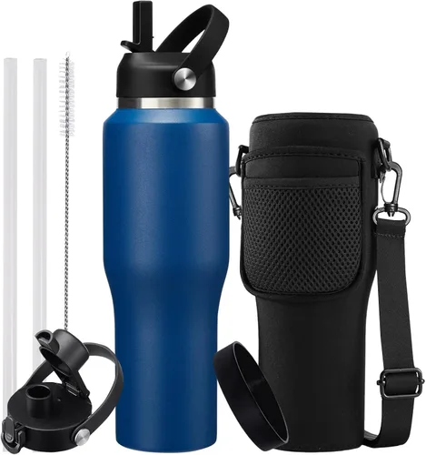 Vista 25 de Botella de agua de acero inoxidable de 32 onzas, frío-48 horas y caliente-24 horas, termo con popote y tapas de boquilla, bolsa, botella aislada al