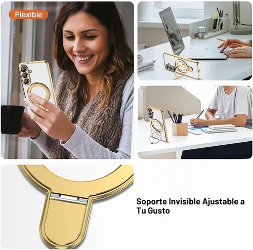 Vista 3 de Funda compatible con Samsung Galaxy S24 Plus con soporte de anillo magnético [compatible con Mag-Safe] protector de lente de cámara chapado Dorado