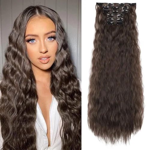Vista 8 de Flufymooz - Extensiones de cabello con clip, 6 unidades, extensiones de cabello largas con ondas de sirena, sintético, postizo para mujer, 24 Marrón