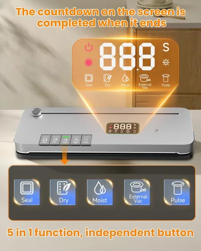 Vista 6 de Máquina selladora al vacío de alimentos, succión fuerte de 75 KPa, temporizador digital, cortador integrado, función de pulso, modos seco y húmedo