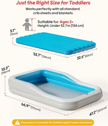 Vista 5 de QPAU Cama inflable de viaje para niños pequeños con 3 lados, extragrande Azul
