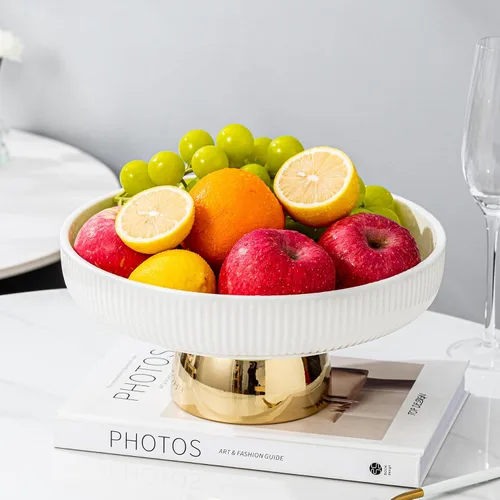 Vista 7 de Frutero de cerámica, cuencos decorativos grandes de 11 pulgadas, bandeja de pedestal blanca y base dorada, frutero para encimera de cocina, bandejas