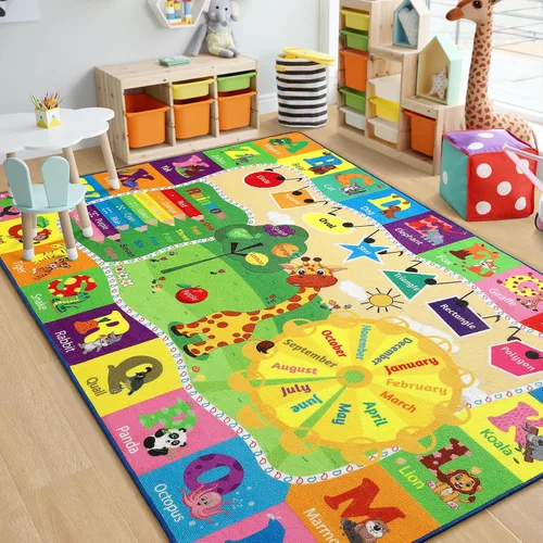 Vista 8 de Chicrug Alfombra educativa para niños de 3 x 5 pies para sala de juegos, TPR antideslizante para niños, alfombra de aula para aprender animales ABC