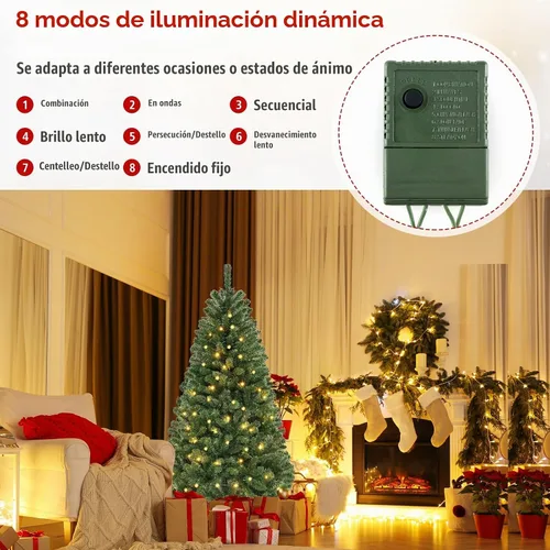 Vista 2 de Goplus Árbol de Navidad preiluminado de 6 pies, árbol de Navidad artificial con bisagras con 200 luces LED blancas cálidas, 8 modos de iluminación