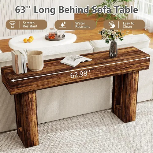 Vista 5 de Spaco Mesa Consola Larga de 63'', Mesa de Entrada Estilo Granja de 2 Niveles Mesa de Sofá con Almacenamiento, Mesa de Madera Detrás del Sofá