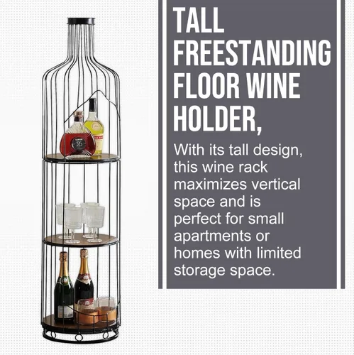 Vista 3 de Kings Brand Furniture - Soporte alto en forma de botella de vino con estante, soporte independiente para estante de vino de piso, organizador