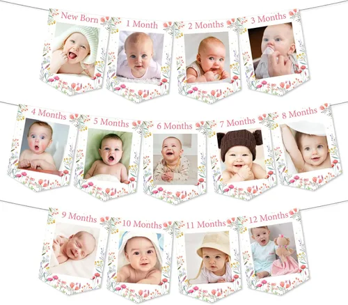 Vista 2 de Cartel de fotos de primer cumpleaños con tema de flores silvestres de recién nacido a 12 meses para niñas, registro de crecimiento mensual de hitos