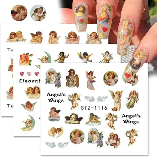 Vista 3 de 8 hojas de calcomanías de arte de uñas de San Valentín – Angel Cupid Water Transfer Foil – Diseños de corazón para mujeres y niñas – Decoración