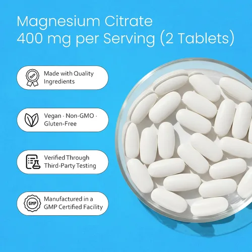 Vista 3 de Citrato de magnesio 400 mg - 120 comprimidos alivio del estrés de alta potencia, apoyo para la relajación del sueño, apoya la función nerviosa