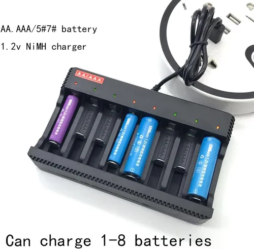Vista 6 de Cargador de batería USB AA/AAA No. 5 No. 7 1.2V Níquel-metal hidruro de níquel-cadmio Batería de ocho ranuras Cargador inteligente Luz de giro