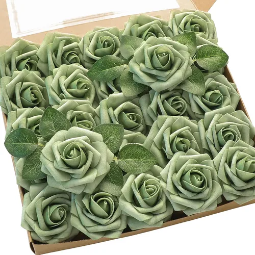Vista 26 de Floroom Flores artificiales, 25 piezas de rosas falsas de espuma dorada antigua de aspecto real con tallos para ramos de boda DIY, centros de mesa