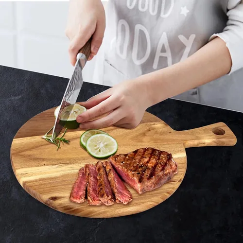 Vista 5 de Tabla de cortar de madera de acacia con mango Tabla de cortar de madera redonda para decoración de cocina, bandeja grande de charcutería, tabla