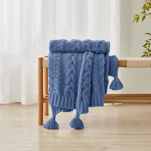 Vista 3 de HORIMOTE HOME Manta de felpilla de punto grueso para sofá con borlas, manta suave y acogedora para sofá, silla y cama, color azul, 50 x 60 pulgadas