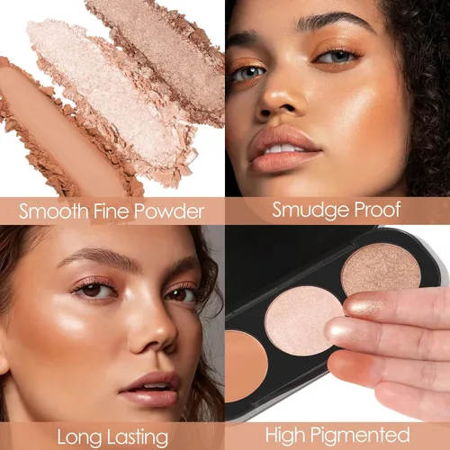Vista 3 de FOCALLURE Paleta de rubor e iluminador, polvo de maquillaje 3 en 1, rubor mate libre de crueldad, iluminadores brillantes para un aspecto brillante
