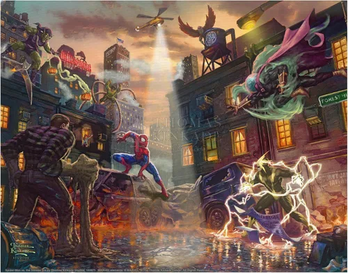 Vista 2 de Thomas Kinkade Studios Marvel Spider-Man vs los Seis Siniestros - Lienzo envuelto de 10 x 14 pulgadas