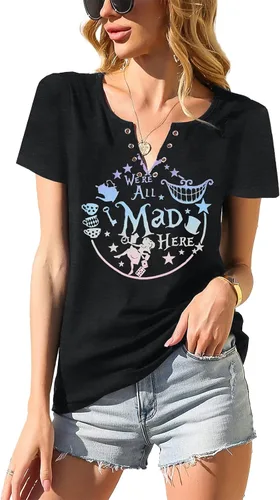 Vista 5 de ASTANFY - Camiseta para mujer "We're All Mad Here", con estampado mágico, lindas camisetas gráficas, tops casuales de manga corta para vacaciones