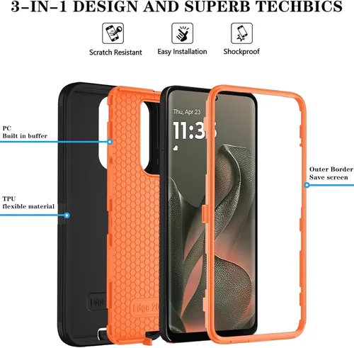 Vista 5 de Qinmay - Funda para Motorola Moto Edge 2025, cubierta de 3 capas, color Negro naranja