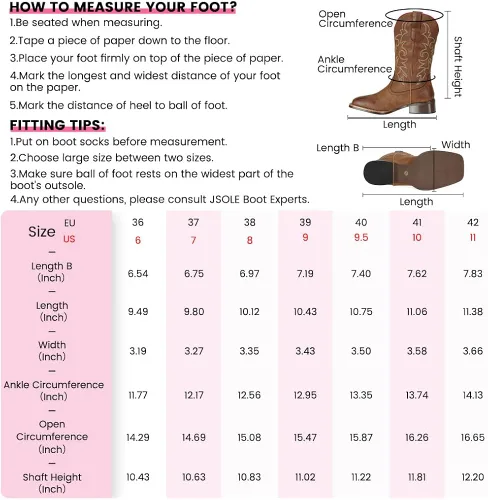 Vista 5 de J's.o.l.e Botas vaqueras de moda para mujer, punta cuadrada, anchas, media pantorrilla, vaqueras occidentales