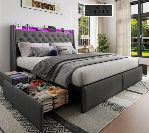 Vista 11 de Base de cama matrimonial tapizada con respaldo alero con 2 cajones de almacenamiento y luces LED