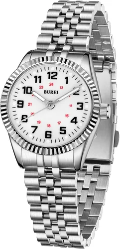 Vista 9 de BUREI Reloj de negocios para mujer con fecha de día, movimiento de cuarzo analógico, pulsera de acero inoxidable de oro plateado, reloj de moda