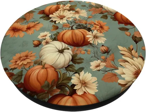 Vista 2 de PopSockets PopGrip estándar con temática de otoño vintage para mujer, diseño de calabaza de otoño