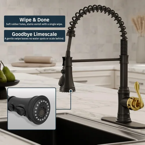 Vista 7 de BWE Grifo de cocina, grifo de fregadero de cocina con rociador extraíble, grifo de arco alto de una sola manija en negro y oro cepillado con 3 modos